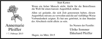 Traueranzeige von Annemarie Pfeiffer von Tageszeitung
