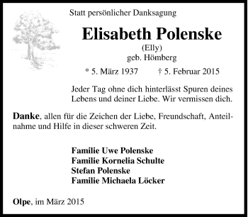 Traueranzeige von Elisabeth Polenske von Tageszeitung