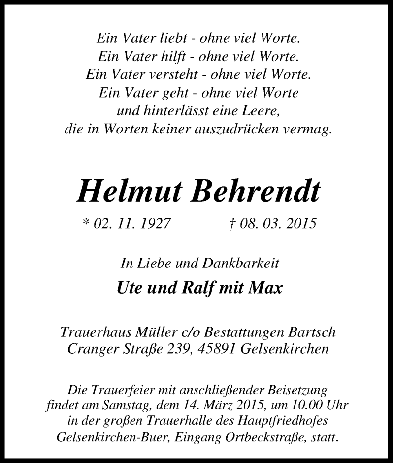  Traueranzeige für Helmut Behrendt vom 11.03.2015 aus Tageszeitung