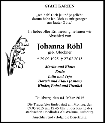 Traueranzeige von Johanna Röhl von Tageszeitung