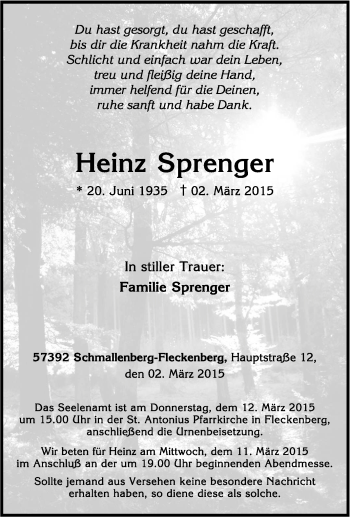 Traueranzeige von Heinz Sprenger von Tageszeitung