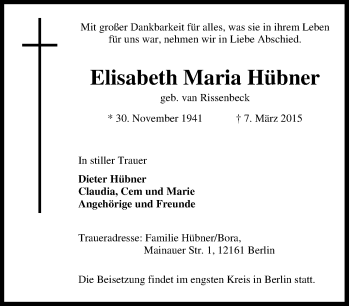 Traueranzeige von Elisabeth Maria Hübner von Tageszeitung