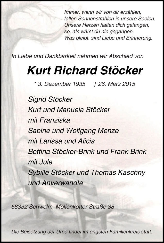  Traueranzeige für Kurt Richard Stöcker vom 28.03.2015 aus Tageszeitung