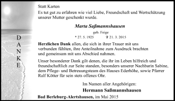 Traueranzeige von Marta Saßmannshausen von Tageszeitung
