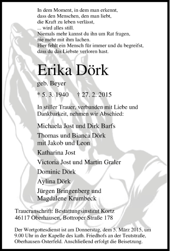 Traueranzeige von Erika Dörk von Tageszeitung