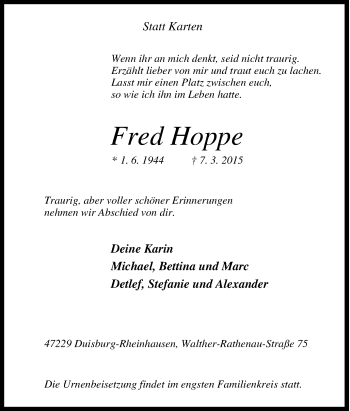 Traueranzeige von Fred Hoppe von Tageszeitung