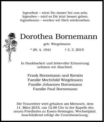 Traueranzeige von Dorothea Bornemann von Tageszeitung