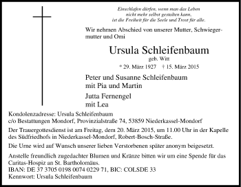 Traueranzeige von Ursula Schleifenbaum von Tageszeitung