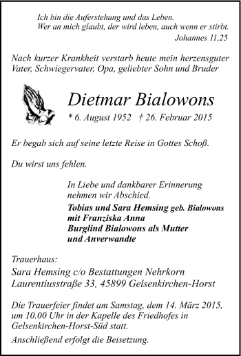Traueranzeige von Dietmar Bialowons von Tageszeitung