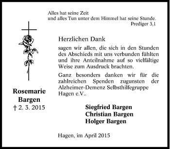 Traueranzeige von Rosemarie Bargen von Tageszeitung