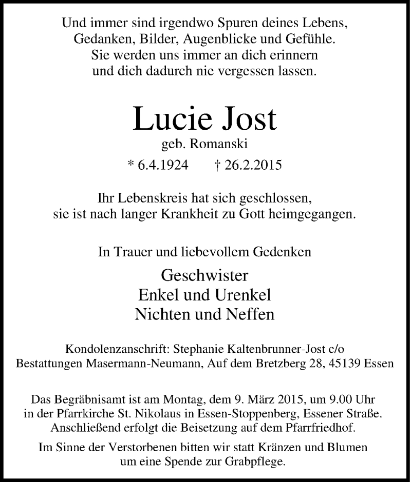 Traueranzeigen Von Lucie Jost Trauer In Nrw De