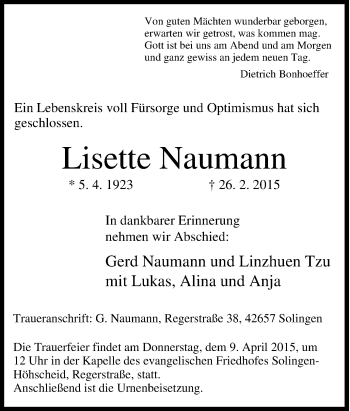 Traueranzeige von Lisette Naumann von Tageszeitung