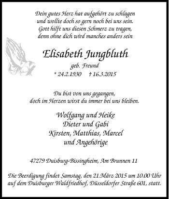 Traueranzeige von Elisabeth Jungbluth von Tageszeitung