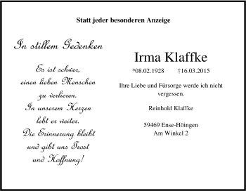 Traueranzeige von Irma Klaffke von Tageszeitung