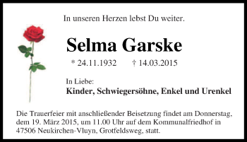 Traueranzeige von Selma Garske von Tageszeitung