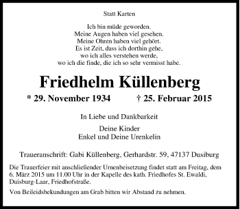 Traueranzeige von Friedhelm Küllenberg von Tageszeitung