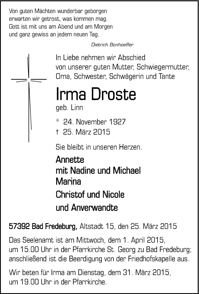  Traueranzeige für Irma Droste vom 27.03.2015 aus Tageszeitung