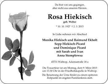 Traueranzeige von Rosa Hiekisch von Tageszeitung