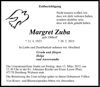 Traueranzeige von Margret Zuba von Tageszeitung