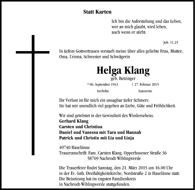  Traueranzeige für Helga Klang vom 16.03.2015 aus Tageszeitung