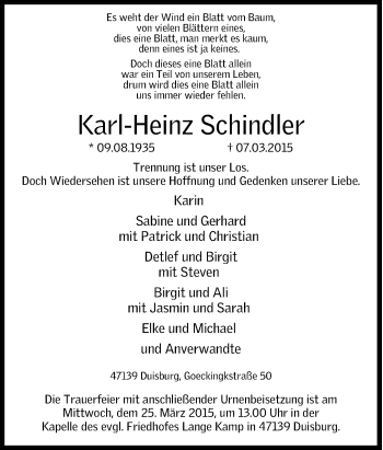 Traueranzeige von Karl-Heinz Schindler von Tageszeitung