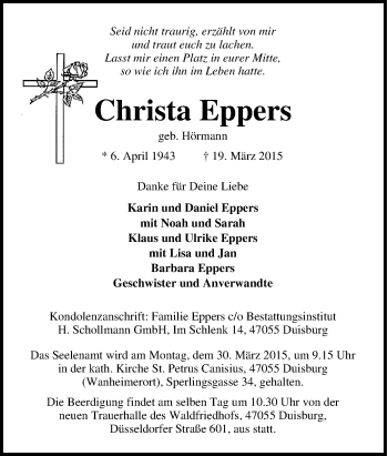 Traueranzeige von Christa Eppers von Tageszeitung