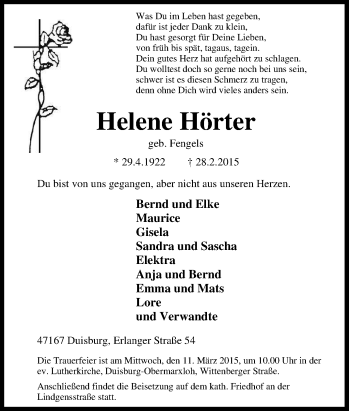 Traueranzeige von Helene Hörter von Tageszeitung