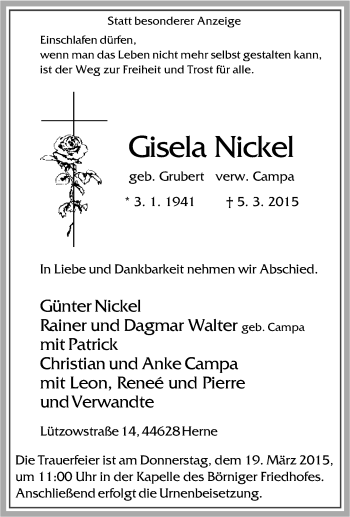 Traueranzeige von Gisela Nickel von Tageszeitung