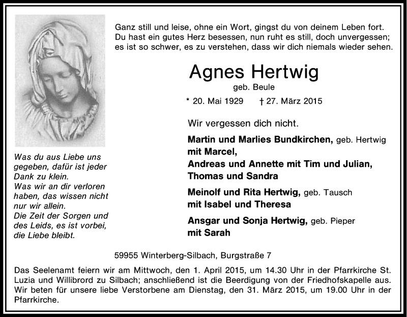  Traueranzeige für Agnes Hertwig vom 30.03.2015 aus Tageszeitung