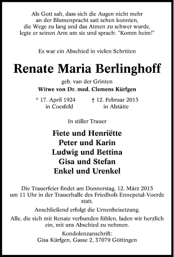Traueranzeige von Renate Maria Berlinghoff von Tageszeitung