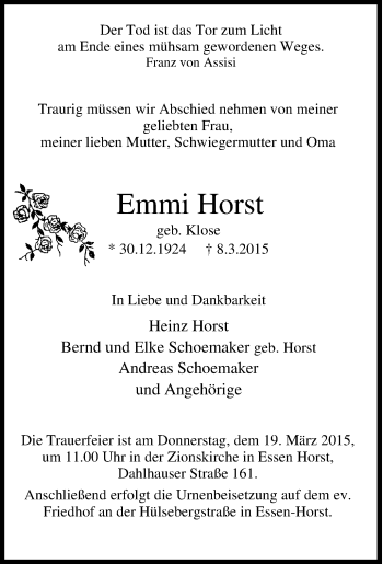 Traueranzeige von Emmi Horst von Tageszeitung