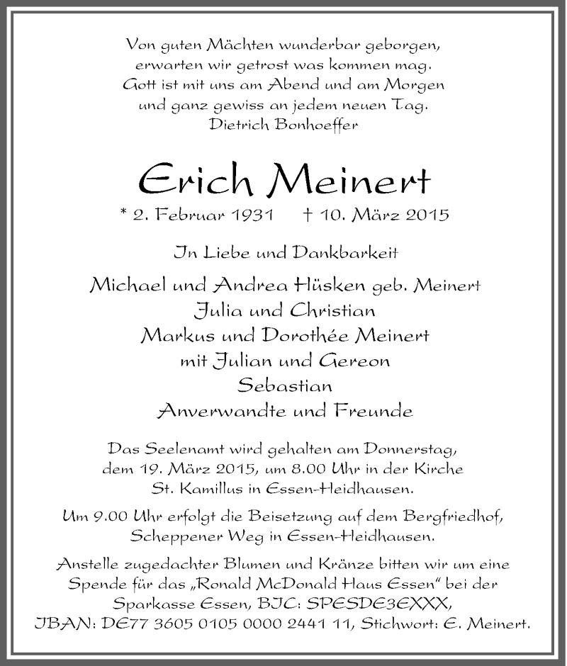  Traueranzeige für Erich Meinert vom 16.03.2015 aus Tageszeitung