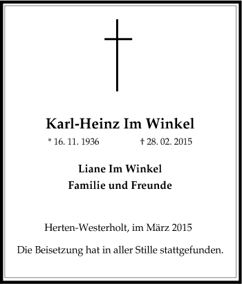 Traueranzeige von Karl-Heinz Im Winkel von Tageszeitung