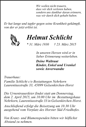 Traueranzeige von Helmut Schlicht von Tageszeitung