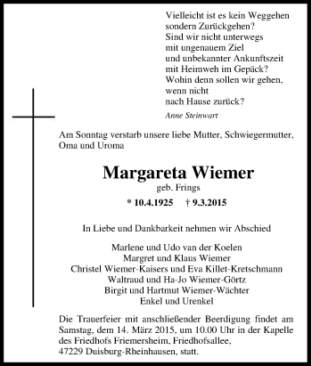Traueranzeige von Margareta Wiemer von Tageszeitung