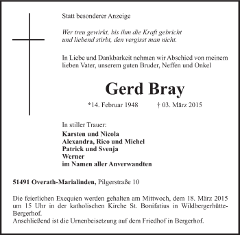 Traueranzeige von Gerd Bray von Tageszeitung