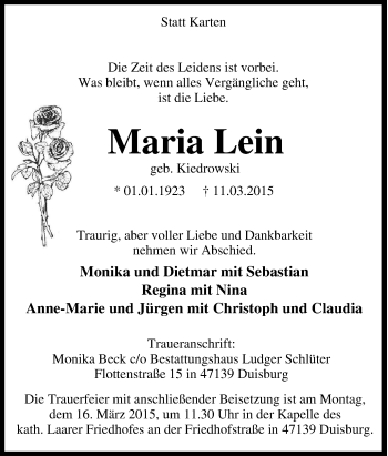 Traueranzeige von Maria Lein von Tageszeitung