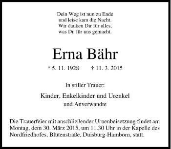Traueranzeige von Erna Bähr von Tageszeitung