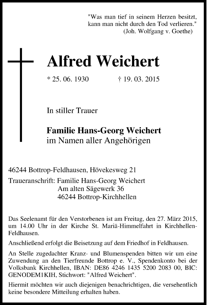  Traueranzeige für Alfred Weichert vom 25.03.2015 aus Tageszeitung