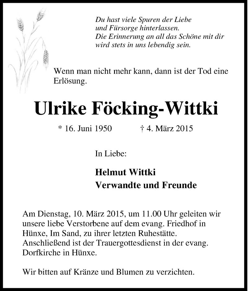  Traueranzeige für Ulrike Föcking-Wittki vom 07.03.2015 aus Tageszeitung