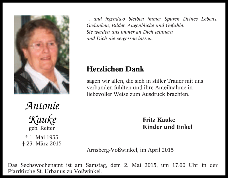  Traueranzeige für Antonie Kauke vom 25.03.2015 aus Tageszeitung