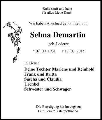 Traueranzeige von Selma Demartin von Tageszeitung