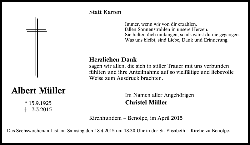  Traueranzeige für Albert Müller vom 07.03.2015 aus Tageszeitung