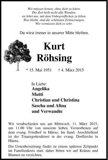 Traueranzeige von Kurt Röhsing von Tageszeitung