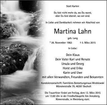 Traueranzeige von Martina Lahn von Tageszeitung