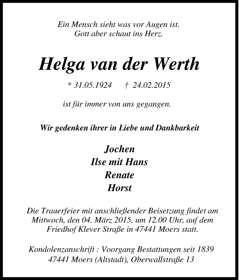  Traueranzeige für Helga van der Werth vom 02.03.2015 aus Tageszeitung