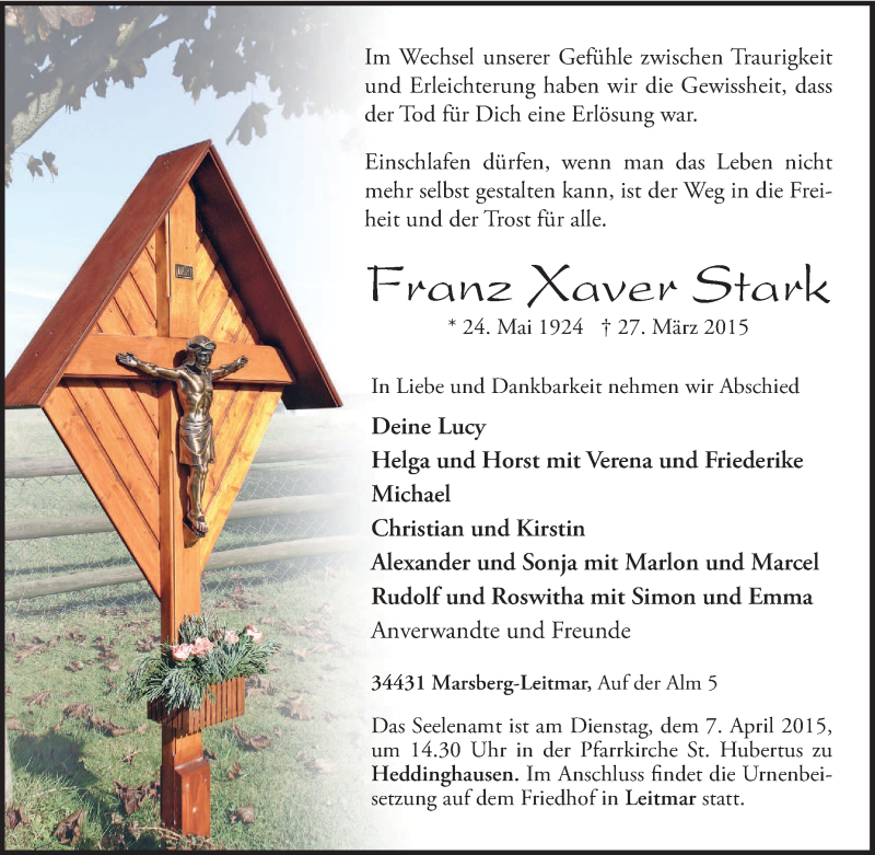  Traueranzeige für Franz Xaver Stark vom 30.03.2015 aus Tageszeitung