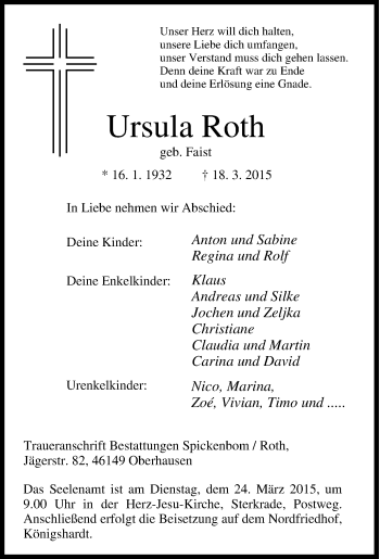 Traueranzeige von Ursula Roth von Tageszeitung