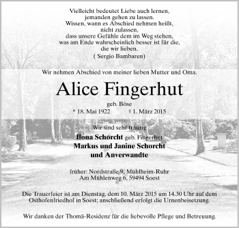 Traueranzeige von Alice Fingerhut von Tageszeitung