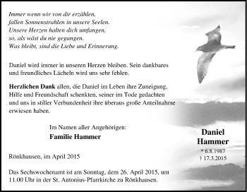 Traueranzeige von Daniel Hammer von Tageszeitung